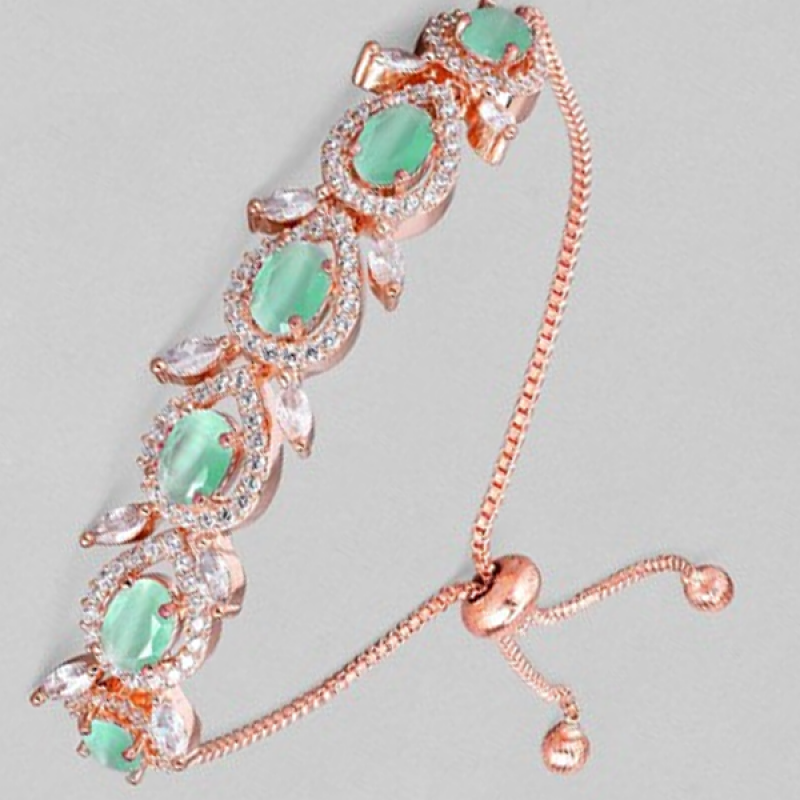 Women Rose Gold-Plated Sea Green Diamond Studded Bracelet